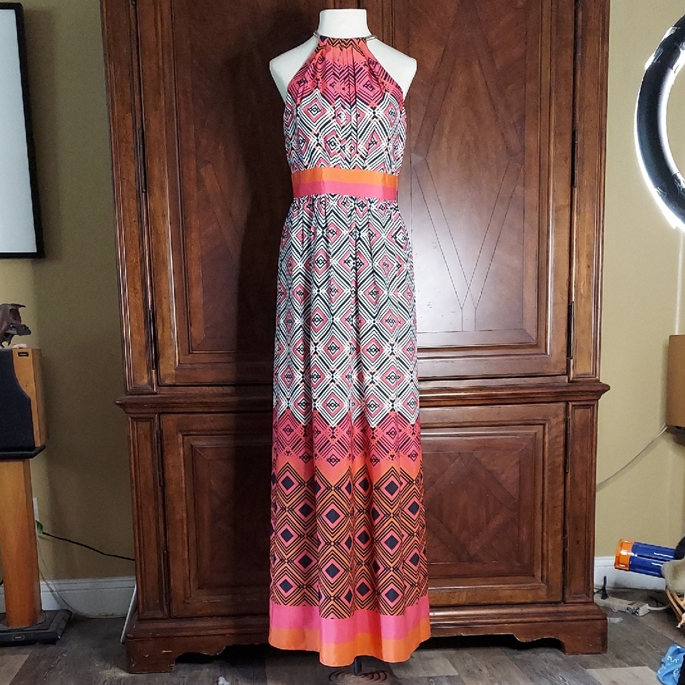 Eliza J Geometric Patterned Halter Maxi Dress - Pink and Orange